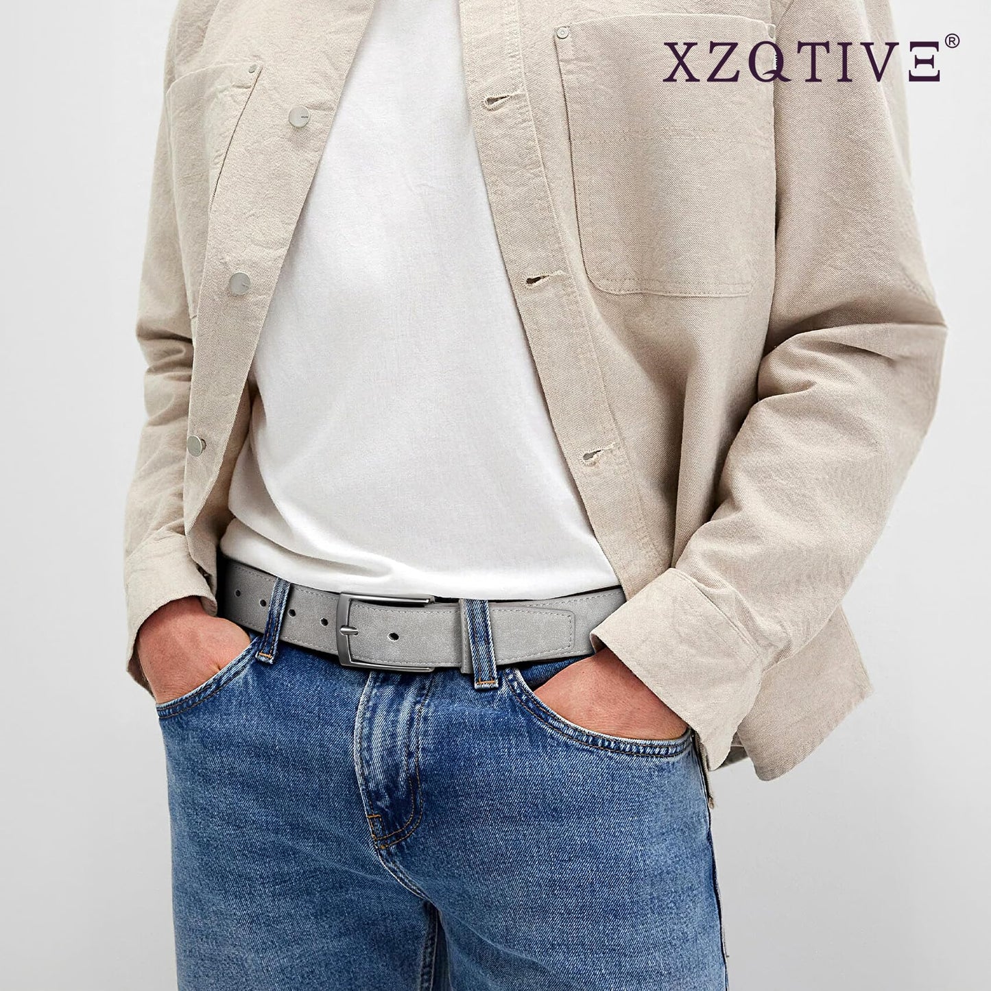 XZQTIVE Mens Suede Belt - 1 3/8" Genuine Leather Dress Belt for Jeans Dress Handmade Classic Every Day Belt, Gray (Fit Pant 31"-35")