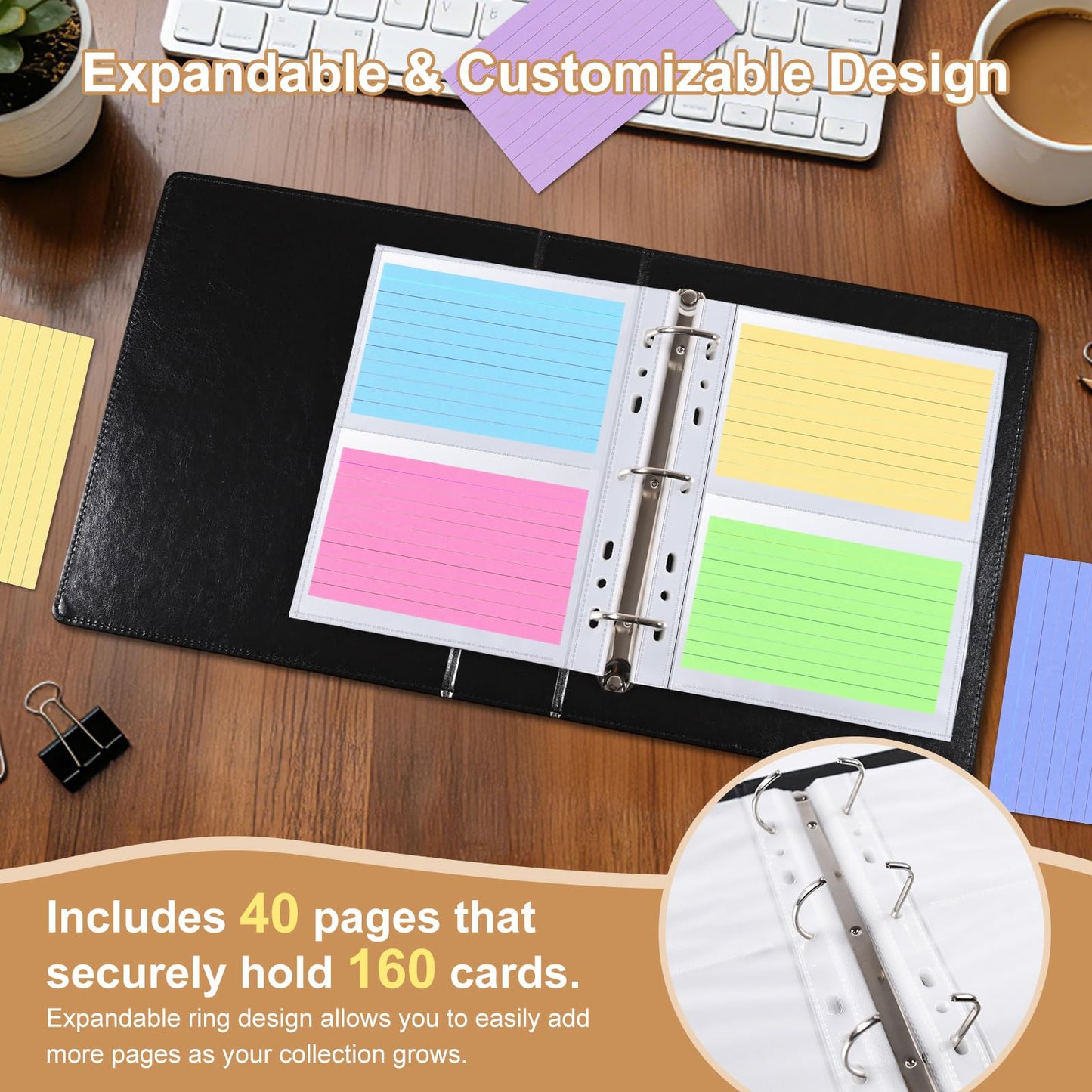 BYSTER 3x5 Index Card Holder, 40 Pack 160 Pockets A5 Binder Index Card Sleeve Pages, Ultra-Clear Protective Sleeves Faux Leather Index Card Binder for Photos, Seed Packets & Note, Side Loading