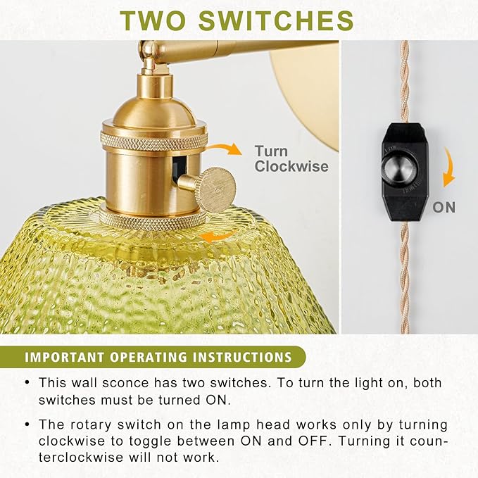 Plug in Wall Sconce, Vintage Sconce Light with Gradient Green Glass Lampshade, 180° Adjustable Wall Sconce with Switch and Plug in Wall Lamp Cord, Gold Wall Light for Bedroom Bedside