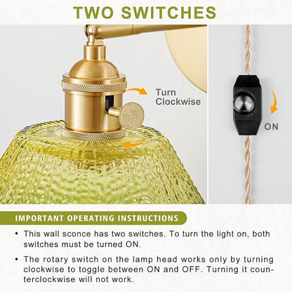 Plug in Wall Sconces Set of 2, Vintage Wall Sconce Light with Gradient Green Glass Lampshade, 180° Adjustable Wall Sconce with Switch and Plug in Wall lamp Cord, Gold Wall Light Wall Decor Set of 2