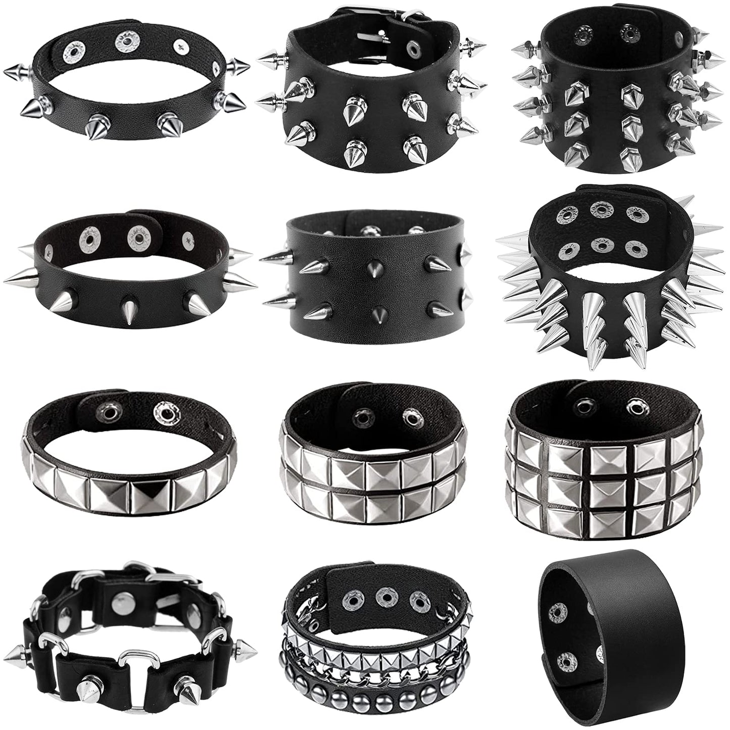 NEWITIN 12 Pieces PU Leather Bracelets Punk Bracelet Adjustable Goth Cuff Bracelet Gothic Rivet Buckle Wristbands Black Bracelets for Men Women
