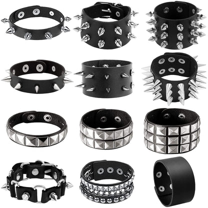 NEWITIN 12 Pieces PU Leather Bracelets Punk Bracelet Adjustable Goth Cuff Bracelet Gothic Rivet Buckle Wristbands Black Bracelets for Men Women