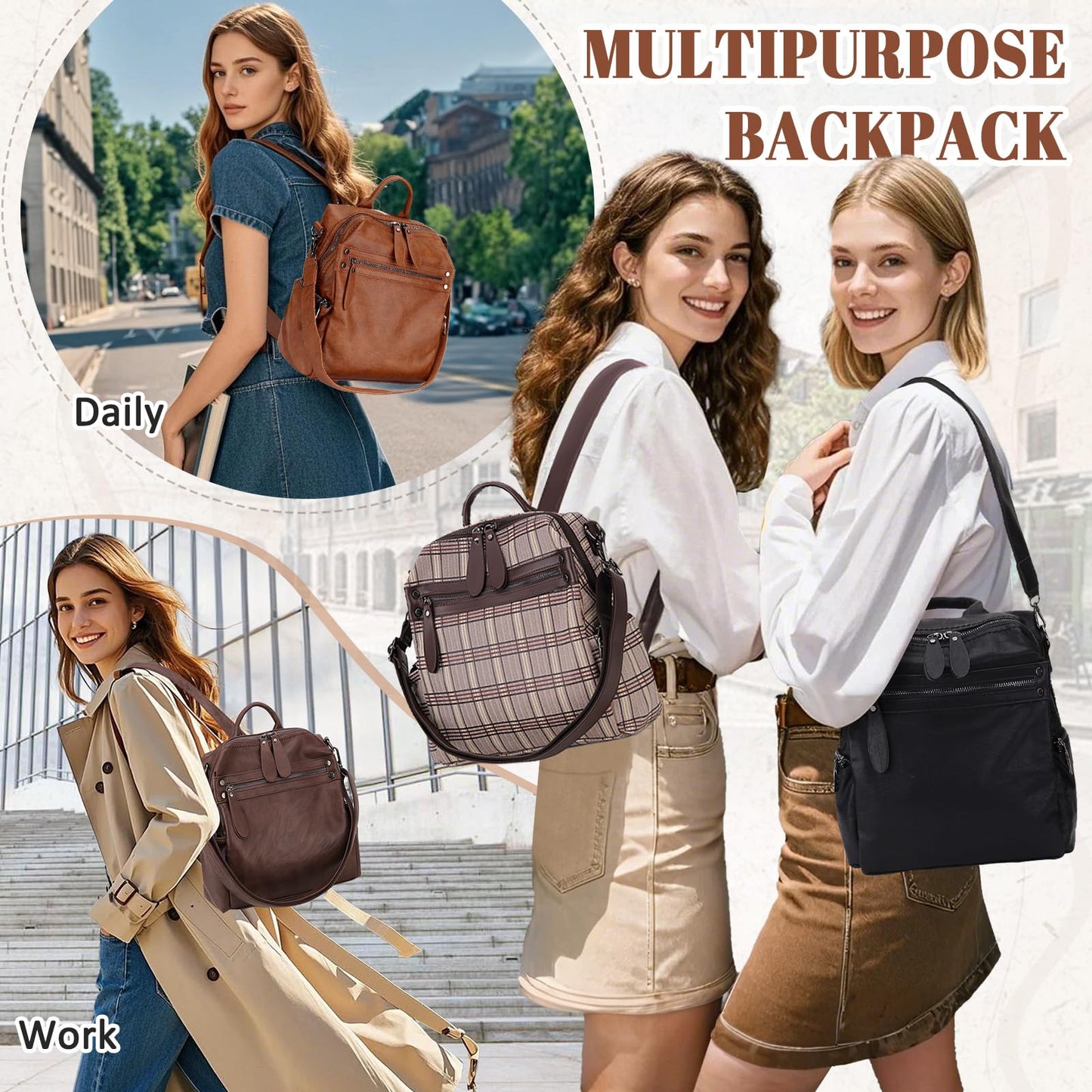 VX VONXURY Backpack Purse for Women, PU Leather Fashion Convertible Backpack Shoulder Bag Ladies Rucksack In 2 Ways To Carry Brown