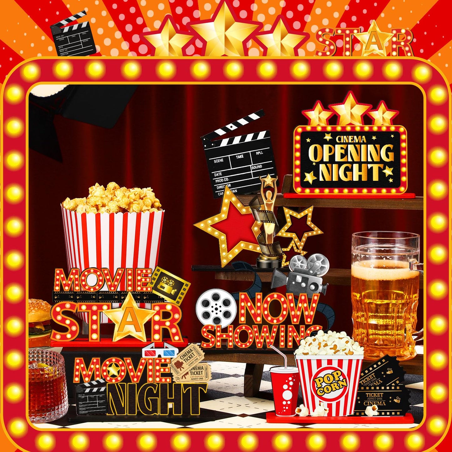 6 Pcs Movie Night Party Decorations Movie Wooden Table Centerpiece Ticket Star Video Popcorn Table Sign Tabletop Decor for Birthday Party Home Decoration