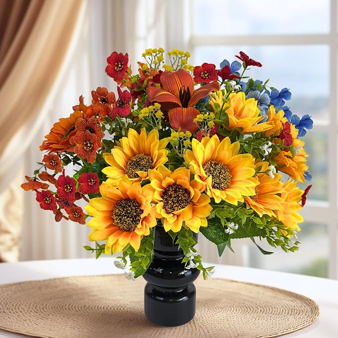 Fall Fake Flowers with Vase, Sunflowers Artificial Flowers, Faux Flowers in Vase for Centerpiece Table Decorations, Fake Plant Silk floral arrangements for Thanksgiving Home Coffee Kitchen Table Decor