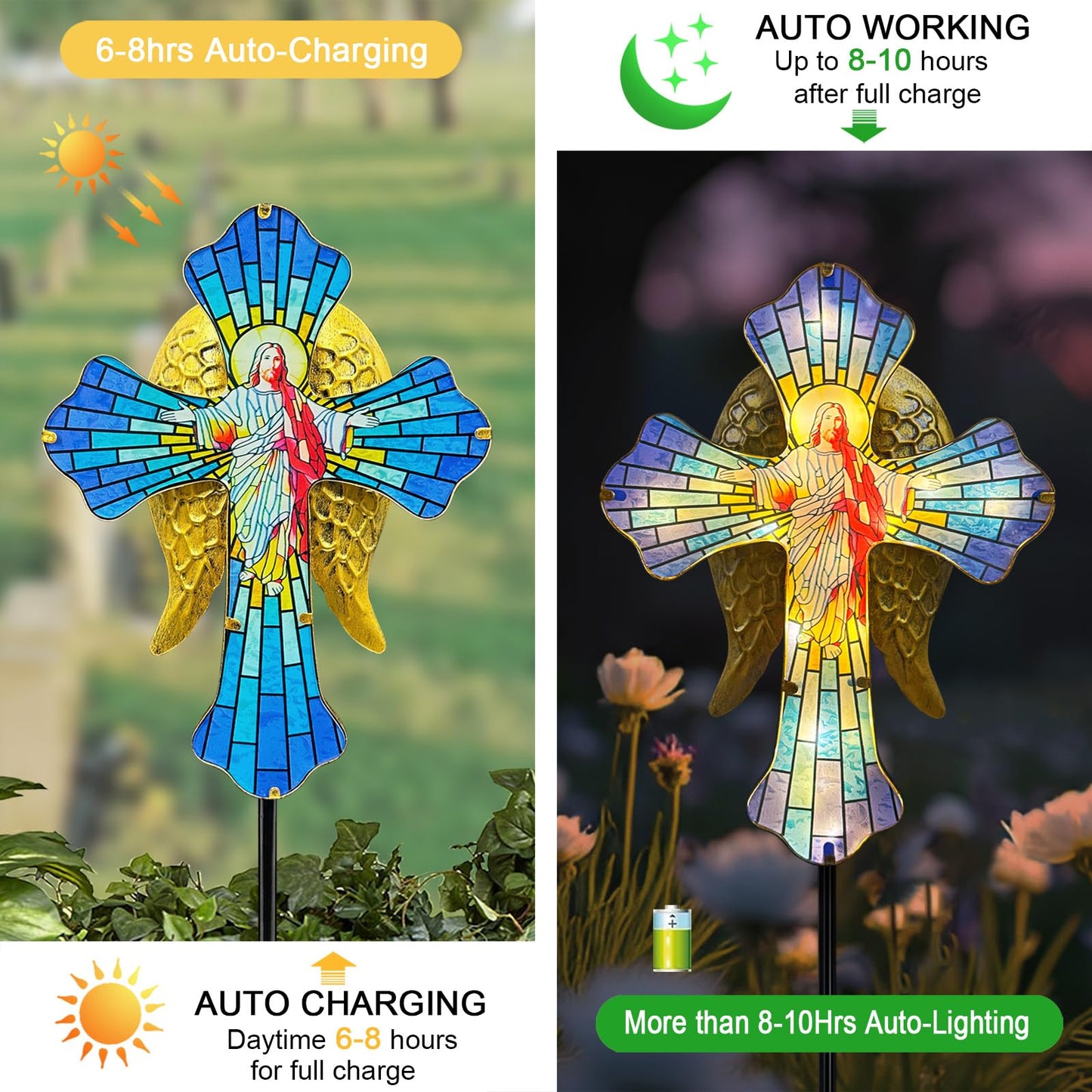 Solar Jesus Cross for Gemetery Graver,Golden Angel Wings,Grave Decorations for Cemetery,Sympathy Memorial Gifts,Christmas Yard Decor Outdoor