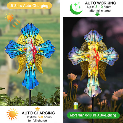 Solar Jesus Cross for Gemetery Graver,Golden Angel Wings,Grave Decorations for Cemetery,Sympathy Memorial Gifts,Christmas Yard Decor Outdoor
