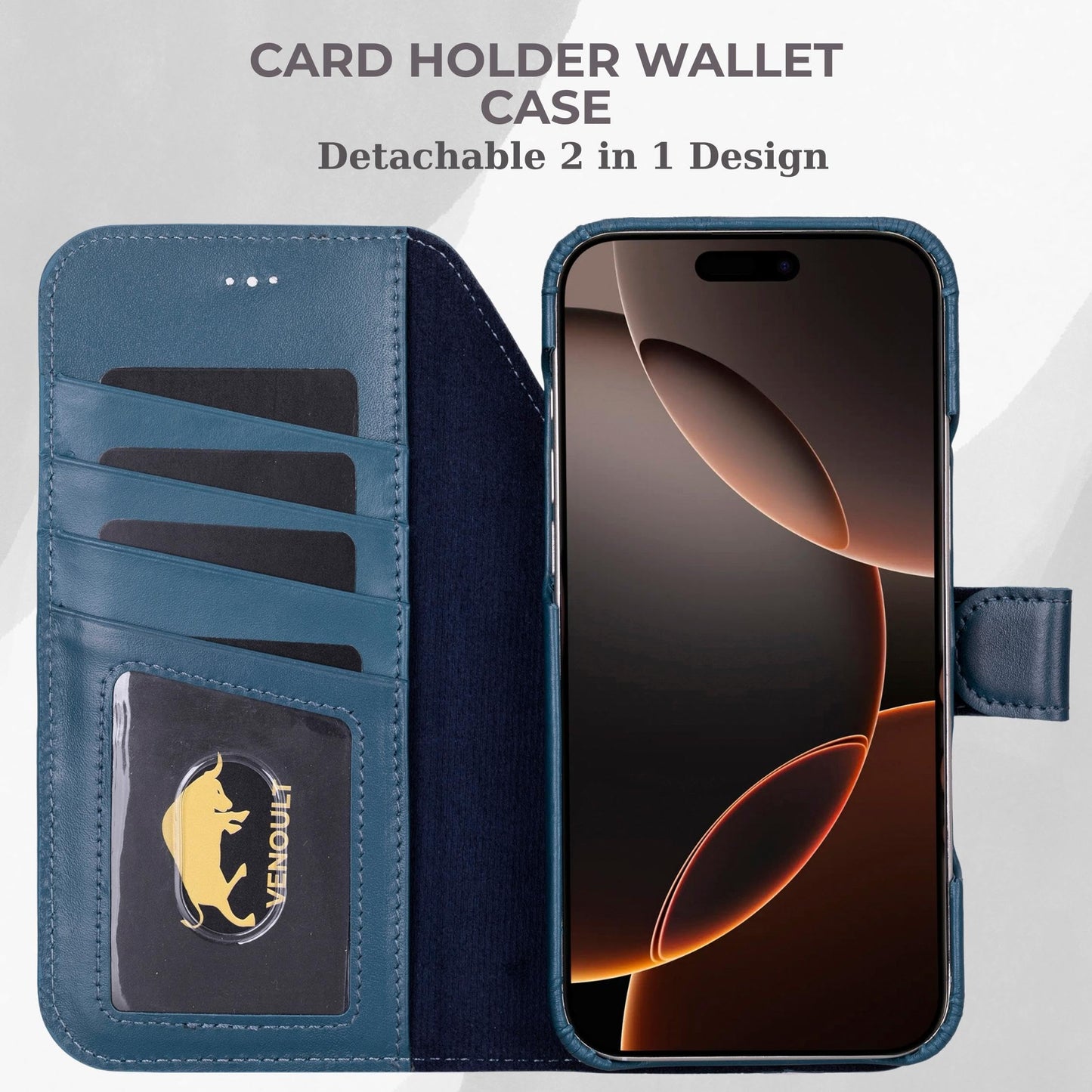 VENOULT Leather Wallet Case for iPhone 17 Pro Max, Full Grain Genuine Leather, Magnetic Detachable, 4 Card Holder, Buesiness Style, Compatible with MagSafe, RFID, Handmade (Admiral Blue)