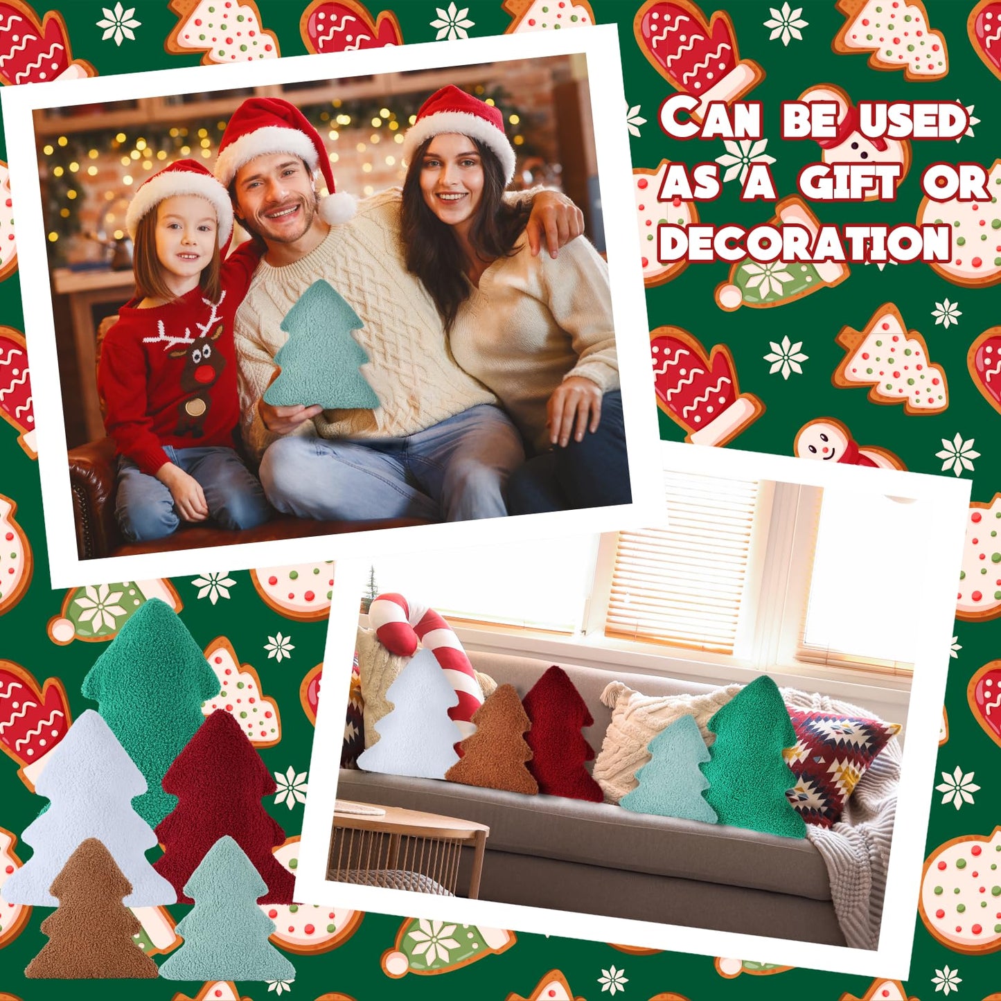 Cumule 5 Pcs Christmas Throw Pillows Cute Xmas Tree Shaped Plush Pillow for Christmas Winter Holiday Party Outdoor Bedroom Cushion Decoration