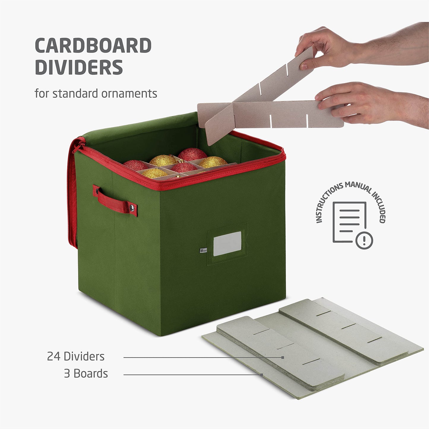 ZOBER Christmas Ornament Storage Box - Stores 64 3" Ornaments, With Dividers - Ornament Organizer Storage Box, Durable Christmas Containers Holder, Dual Zipper - Green