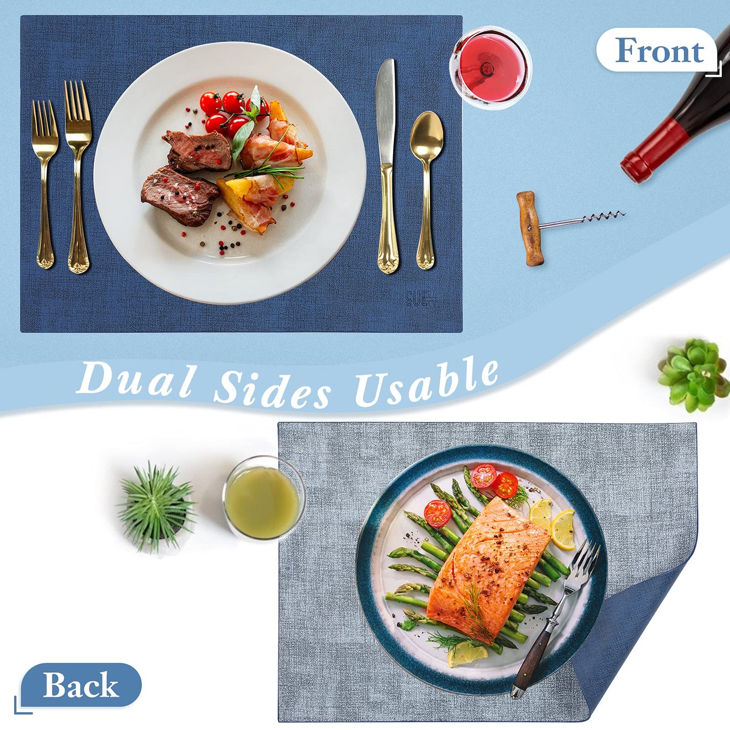 SUEH DESIGN Leather Placemats Set of 6 Reversible Table Mats Heat Resistant Waterproof No-Slip Place Mats for Dining Table Kitchen Parties