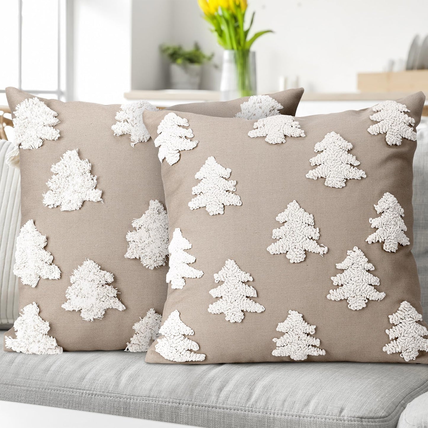 Mixweer 2 Pcs Christmas Pillow Covers 18x18 Inch Neutral Christmas Tree Embroidery Throw Pillow Covers Decorative Throw Cushion Case for Xmas Winter Holiday Decoration (Beige)