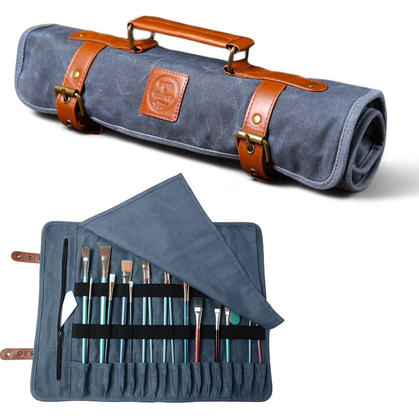 Earth & Fiber Co. Waxed canvas paint brush holder - Art bag for painting, drawing & art supplies - Painting supplies for adults - Storage roll bag for artists (blue)