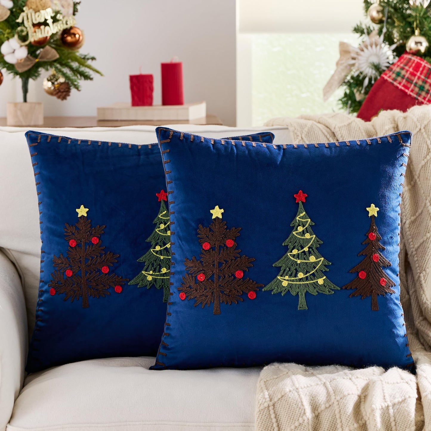 KINDREX Christmas Tree Throw Pillow Covers 18x18 Set of 2 Winter Holiday Decorative Navy Blue Embroidered Luxurious Soft Velvet Accent Pillowcase for Sofa Couch Bed Living Room Festivals Home Decor