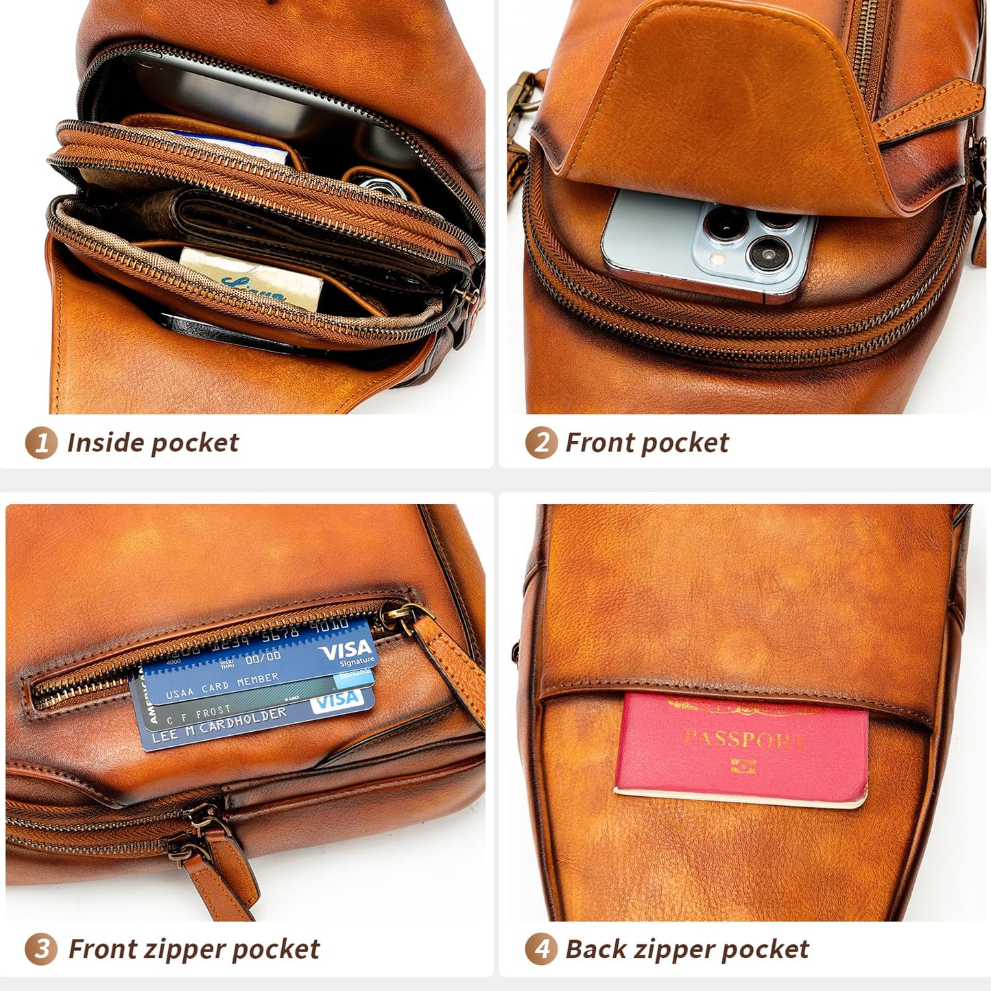 NIUCUNZH Genuine Leather Crossbody Sling Bag Handmade Classic Vintage Shoulder purse daypack Backpack Brown