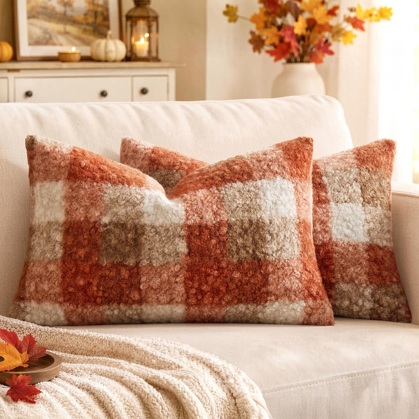 MIULEE Fall Plaid Pillow Covers 12x20 Inch Set of 2, Decorative Boucle Faux Fur Check Lumbar Throw Pillow Covers Fluffy Pillowcases for Farmhouse Living Room Sofa Bed Home Decor,Orange