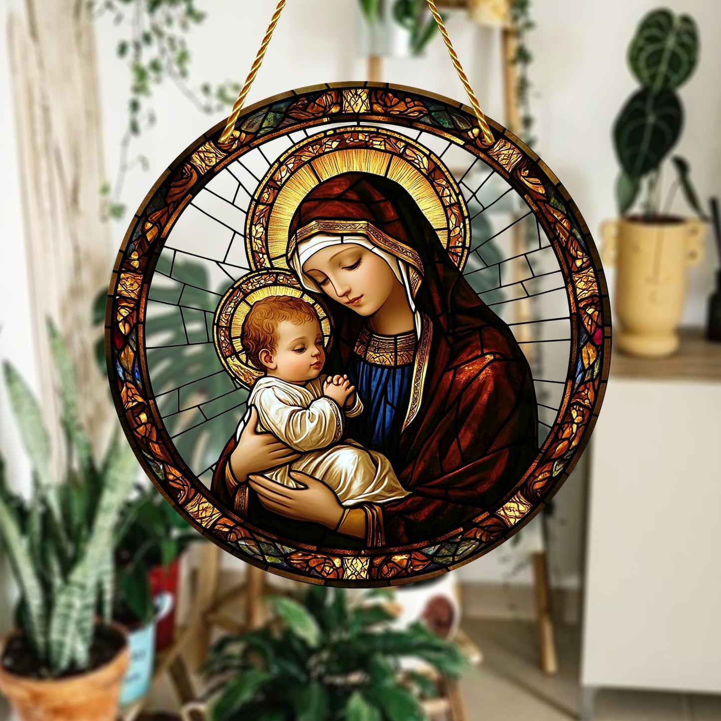 8x8 inch Charming Madonna and Child Acrylic Stained Glass Window Hanging Sun Catcher Decor Stained Panel Hangings Wall Art Decor, for Friends and Family (Madonna and Child)
