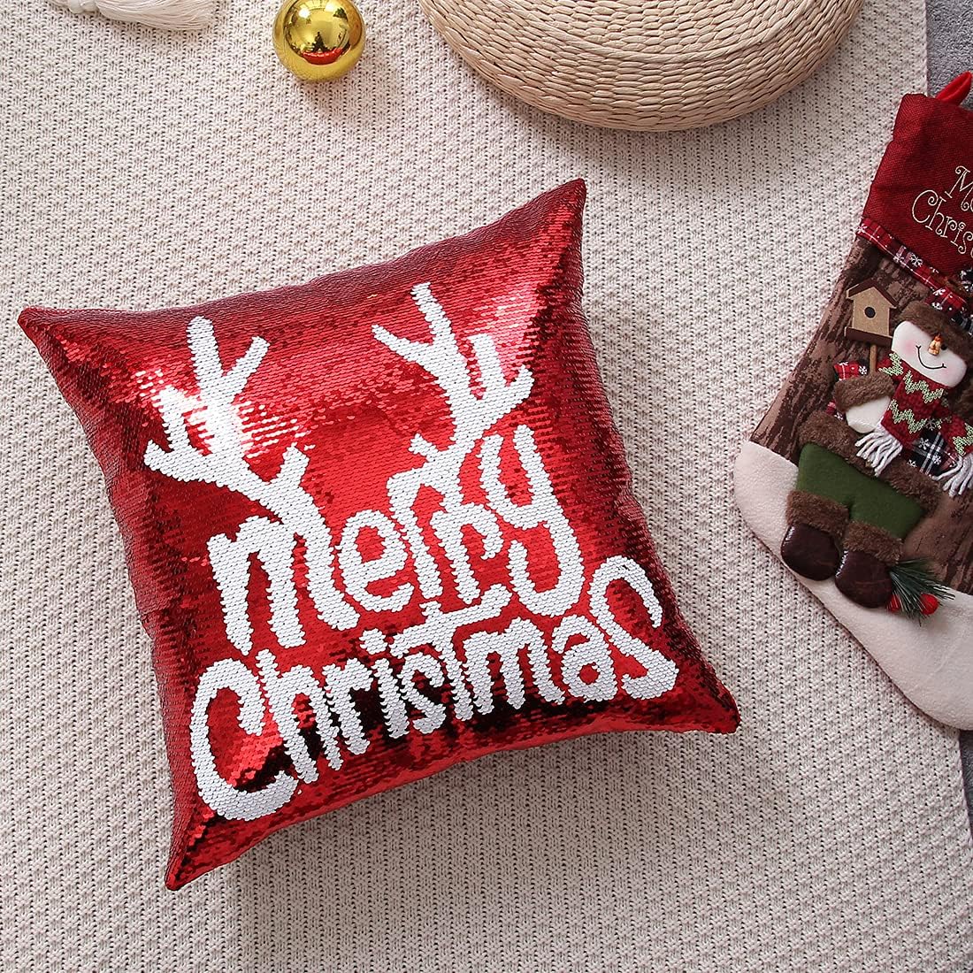 Gujiahone Bling Christmas Sequin Pillow Covers 18 x 18 Inches Set of 4 Red Reversible Sequins Pillow Case Magic Mermaid Throw Decorative Xmas Cushion Cover for Couch