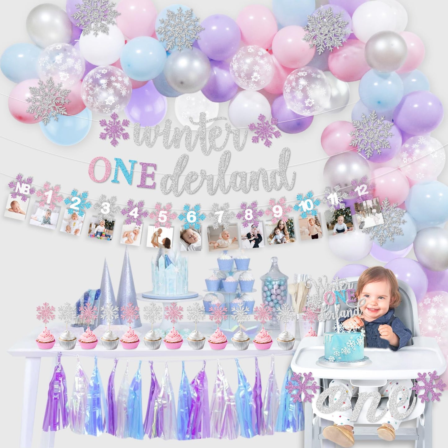 Winter Onederland 1st Birthday Decorations Girl, Winter Onederland Banner, Snowflake Photo Garland Highchair Banner Snowflake Balloon Arch Garland for Winter First Birthday Baby Shower Party Supplies