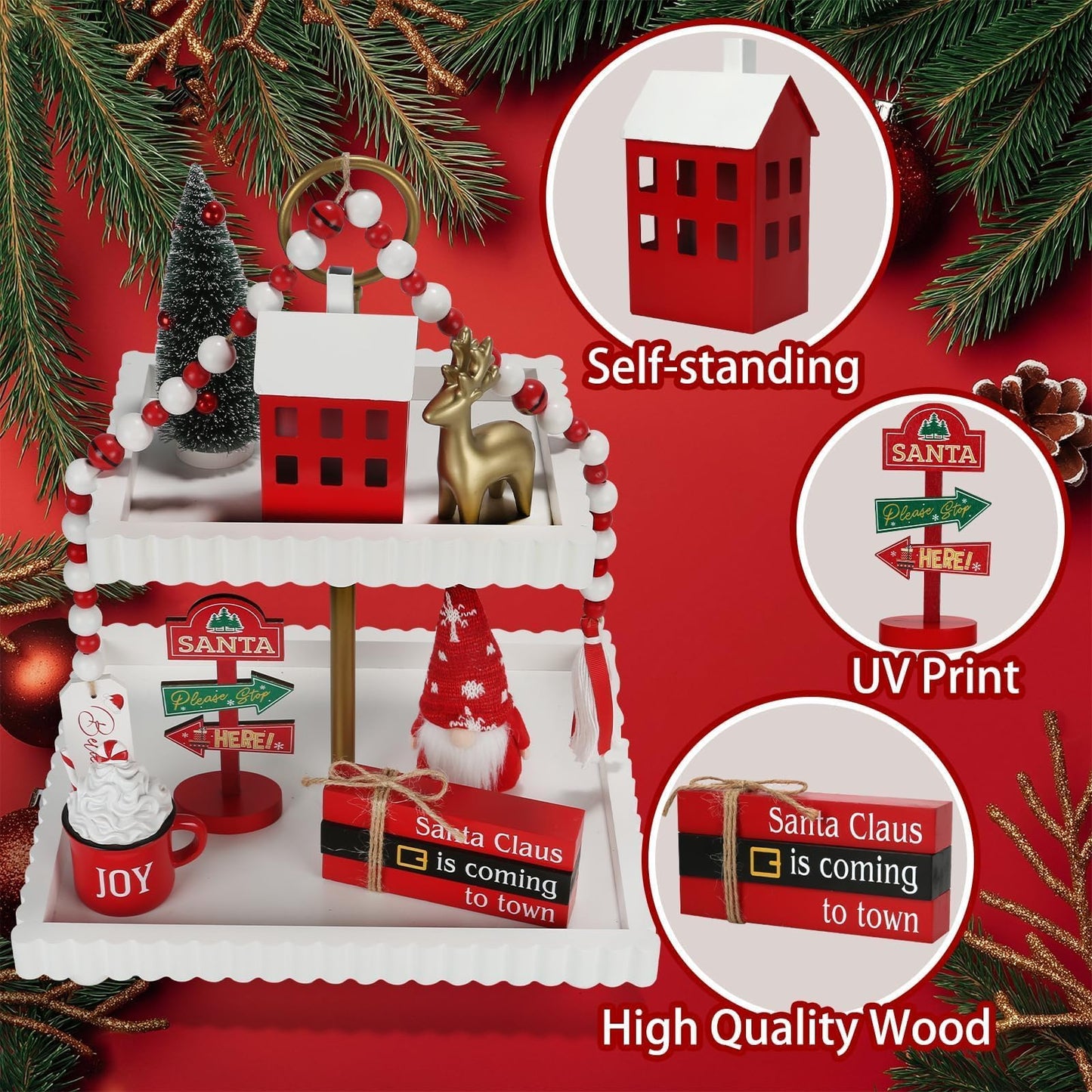 Christmas Decorations 8 PCS Tiered Tray Decor Set, Cute Tabletop Christmas Decor for Home Shelf Mantel Coffee Bar Office Xmas Table Centerpieces Tray Objects Holiday Decoration Set