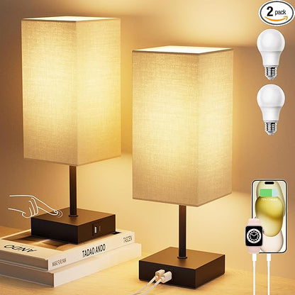Sailstar Touch Bedside Lamp for Bedroom Set of 2, 3 Way Dimmable Table Lamp with USB C+A Charging Ports, Small Nightand Lamps for Bedroom Decor, Living Room, Home, LED Bulbs Included, Upgraded Beige
