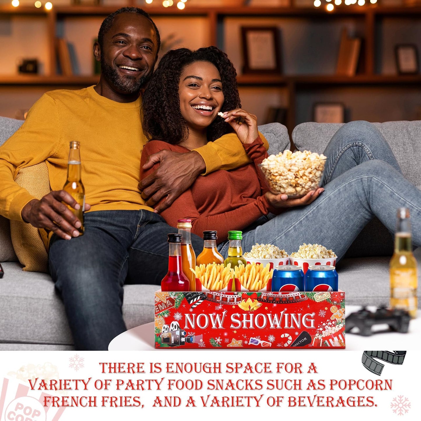 Christmas Movie Night Snack Tray Wooden Movie Snack Tray Movie Night Party Supplies for Countertop Storage Trays Popcorn Nacho Theater Snack for Christmas Home Kitchen Chips Candy Food Supplies