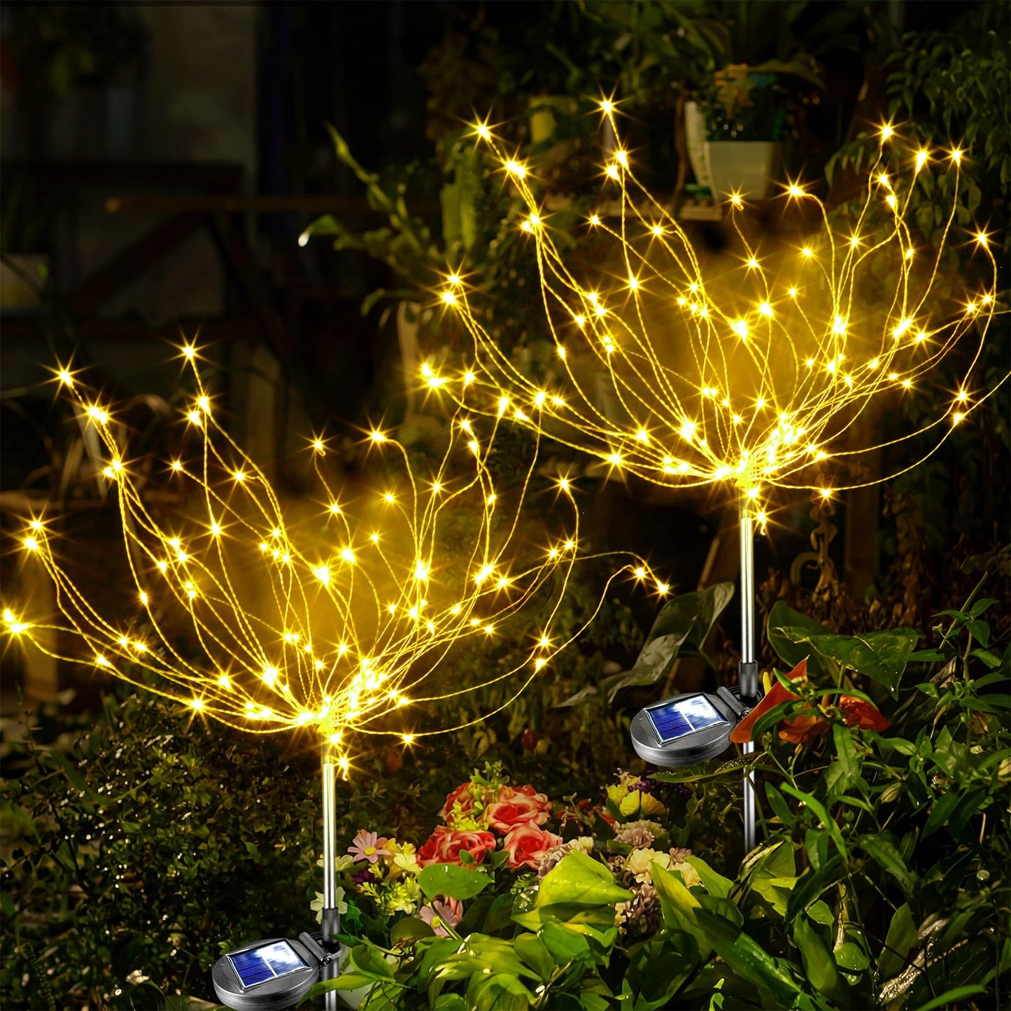Anordsem Solar Lights Outdoor Waterproof: 2 Pack Garden Light - Bendable Copper Wire with 120 LED Firework Beads - DIY Warm Fun Decoration for Yard Patio - Twinkle Sparkler Gifts for Women Wife