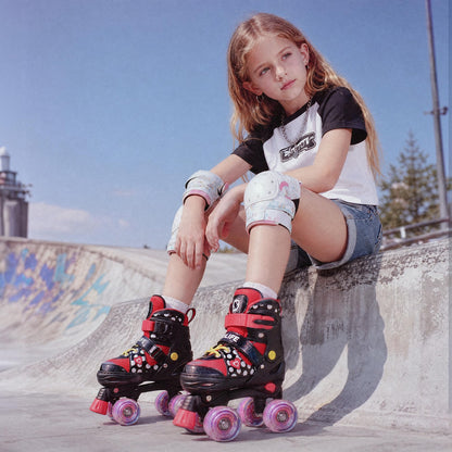 SULIFEEL Adjustable Roller Skates for Girls Ages 5-8 6-12 with Polka Dots & Bow, Light Up Wheels, 4 Sizes Adjustable for Beginner Kids Skates Indoor Outdoor Sports