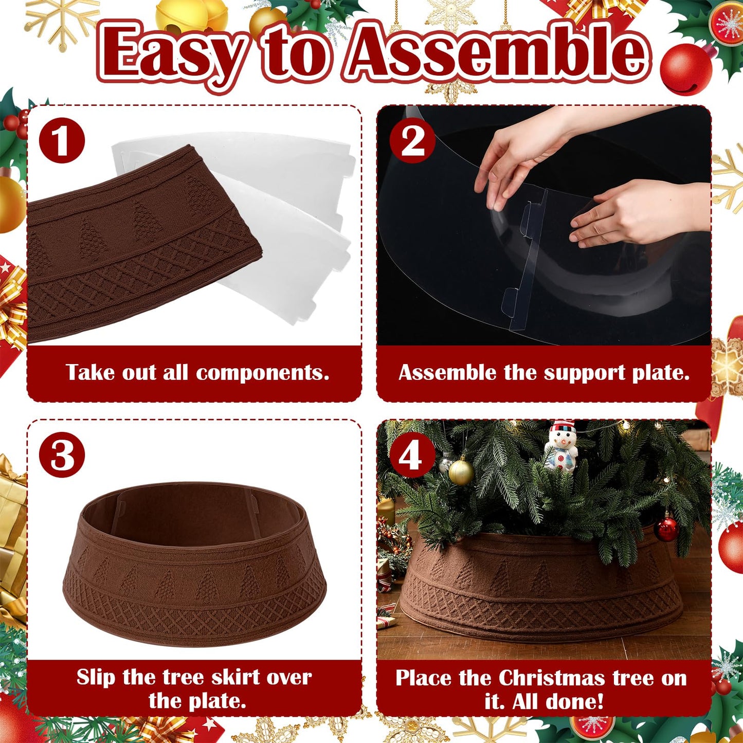 VioraWhite 28 Inch Christmas Tree Collar, Neutral Chunky Cable Knit Tree Base Cover Ring Skirt, Rustic Farmhouse Basket Collar for Xmas Home Office Holiday Decor, Fits 4-6 ft Trees(Dark Khaki)