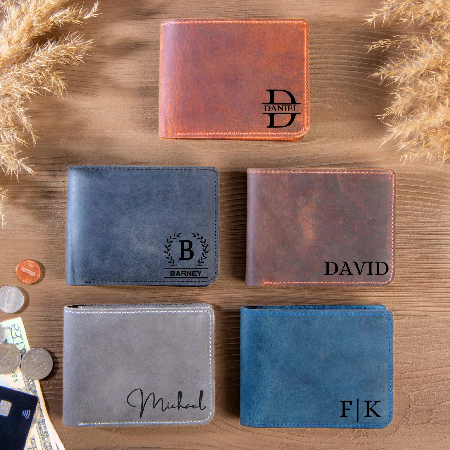 Personalized Leather Wallet for Men – Engraved Name Initial, Custom Monogram in 5 Colors & 6 Designs – Ideal Gift for Husband, Dad, Boyfriend, Wedding, Anniversary, Birthday, Valentines Day Gifts