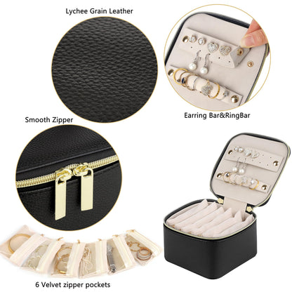 HofferRuffer Jewelry Box Organizer for Women Girls, Travel Jewelry Case with 6 Portable Zipper Bags, Jewelry Storage Ideal for Travel & Home Organization (6pcs-Black Faux Leather)