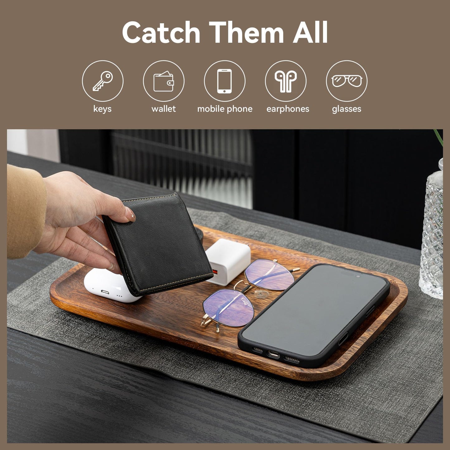 Velinjowy Serving Acacia Wood Valet Tray for Men Women, Catch All Acacia Mens Key Dump Bedside Nightstand Organizer EDC Decorative Wooden Tray for Phone Watch Wallet Keys Jewelry