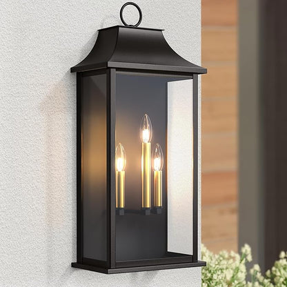 Dusk to Dawn Outdoor Wall Light 3-Light, 25.3" Large Outdoor Light Fixture, Black Exterior Wall Lantern, Waterproof Outside Wall Sconce for House Porch Patio