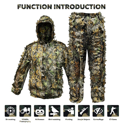 Ghillie Suit Outdoor Leafy Suit for Hunting Super Lightweight Hooded Camouflage Including Clothes Gloves Face Mask and Bag