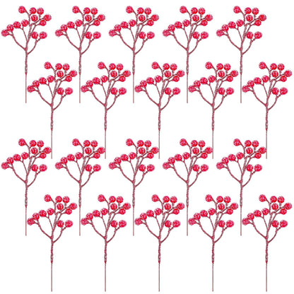 Fangoo 20 Pack 7 Inch Artificial Red Berry Picks for Christmas Tree Burgundy Red Berries Stems Holly Berry Branches Ornaments Wreath Crafts Wedding Holiday Season Winter Home Decor (Sprays Snow Red)