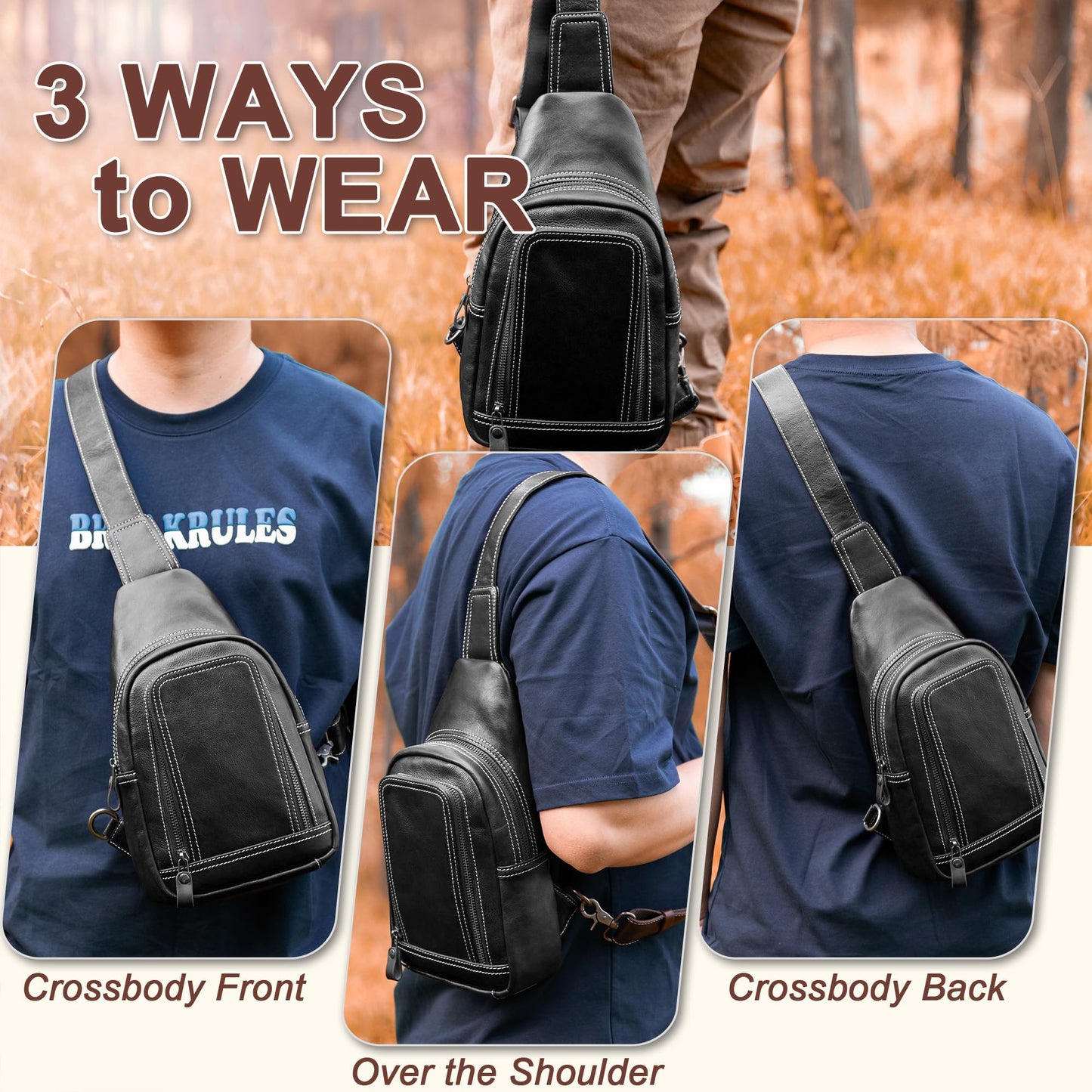 CENUNCO Genuine Leather Sling Bag Crossbody Chest Bag Sling Backpack Purse (Black)