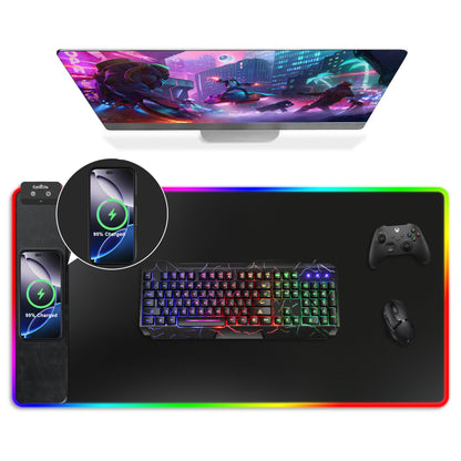 Wireless Charging Mouse Pad, RGB Gaming Mousepad, 31.5"x15.7" Extra Large Desk Pad, 13 Light Modes, Ultra-Smooth Surface, Non-Slip Base, Waterproof Computer Keyboard Mat for MacBook, PC, Laptop, Black