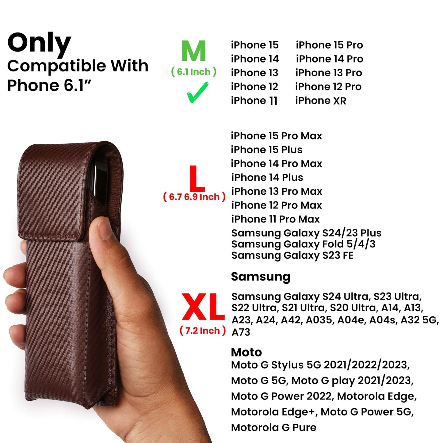 LEATHER VILLAGE Carbon Fiber Genuine Leather Phone Holster with Belt Clip - Compatible with iPhone 16, 16 Pro, 15, 15 Pro, 14, 14 Pro, 13, 13 Pro, 12, 12 Pro, 11, Galaxy S25, S24, S23 - Brown - M