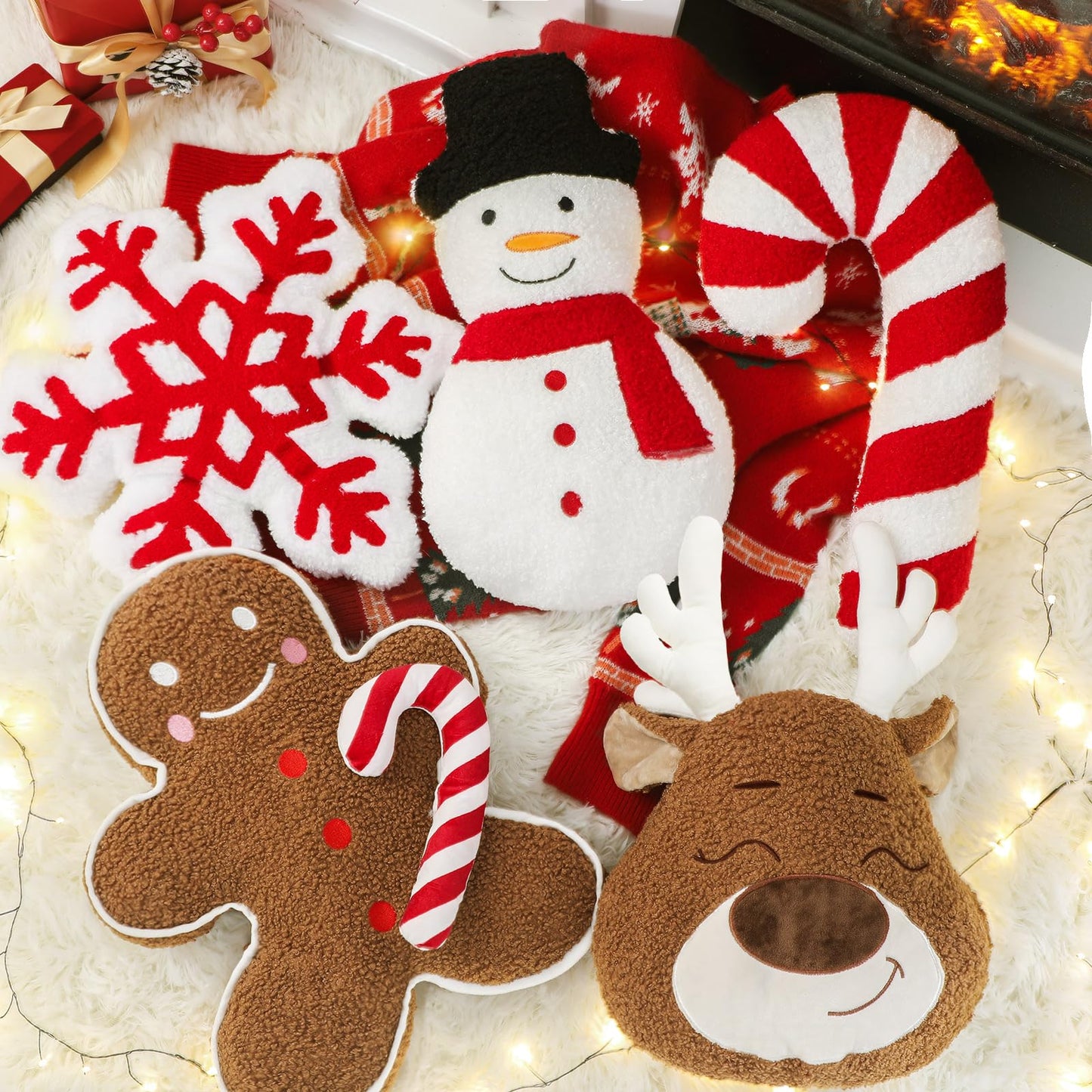 Seeloowy 5 Pcs Christmas Throw Pillows Xmas Tree Gingerbread Man Snowflake Pillows Red White Stripe Candy Cane Peppermint Shape Cushion Stuffed Christmas Decoration for Home Sofa Bed Couch Party