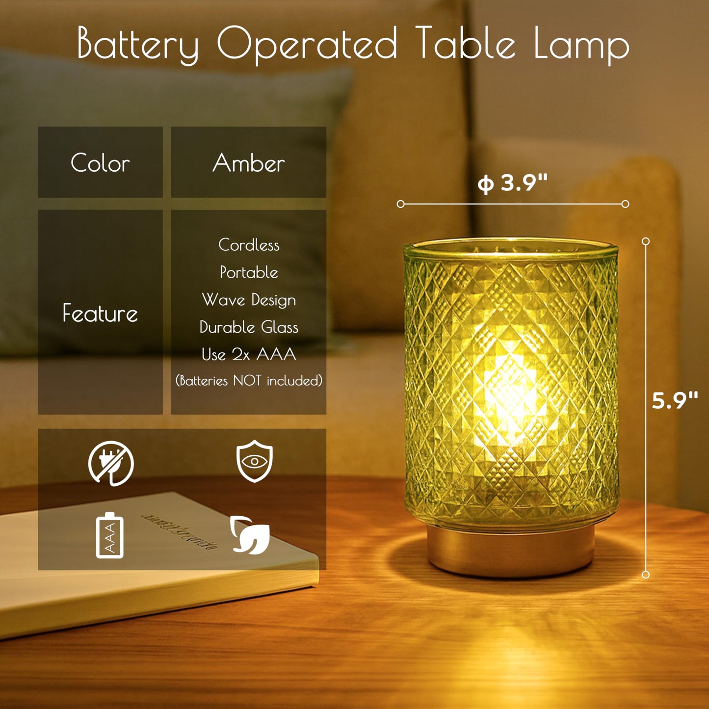 LUSHARBOR Battery Operated Lamp with Timer, Small Table Lamp for Shelf Decor, Glass Cordless Lamps Bedside Cozy Light for Living Room/Coffee Table/Entryway Diamond Design-Green