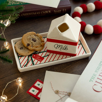 Steel Mill & Co Ceramic Milk & Cookies for Santa Set, 2-Piece Christmas Eve Tray & Milk Jug Gift Box Design, Holiday Tableware Set for Festive Christmas Décor (Bow)