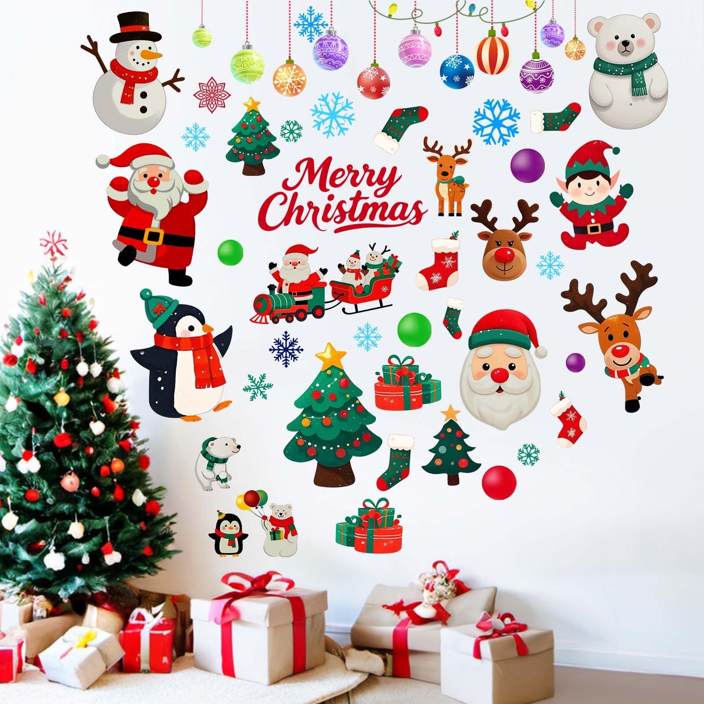 Christmas Santa Wall Decals for Kids: Festive Holiday Chrismas Tree Wall Stickers for Indoor Home Decor - Living Room Kids Room Windows Door - Easy Peel and Stick Family Activity