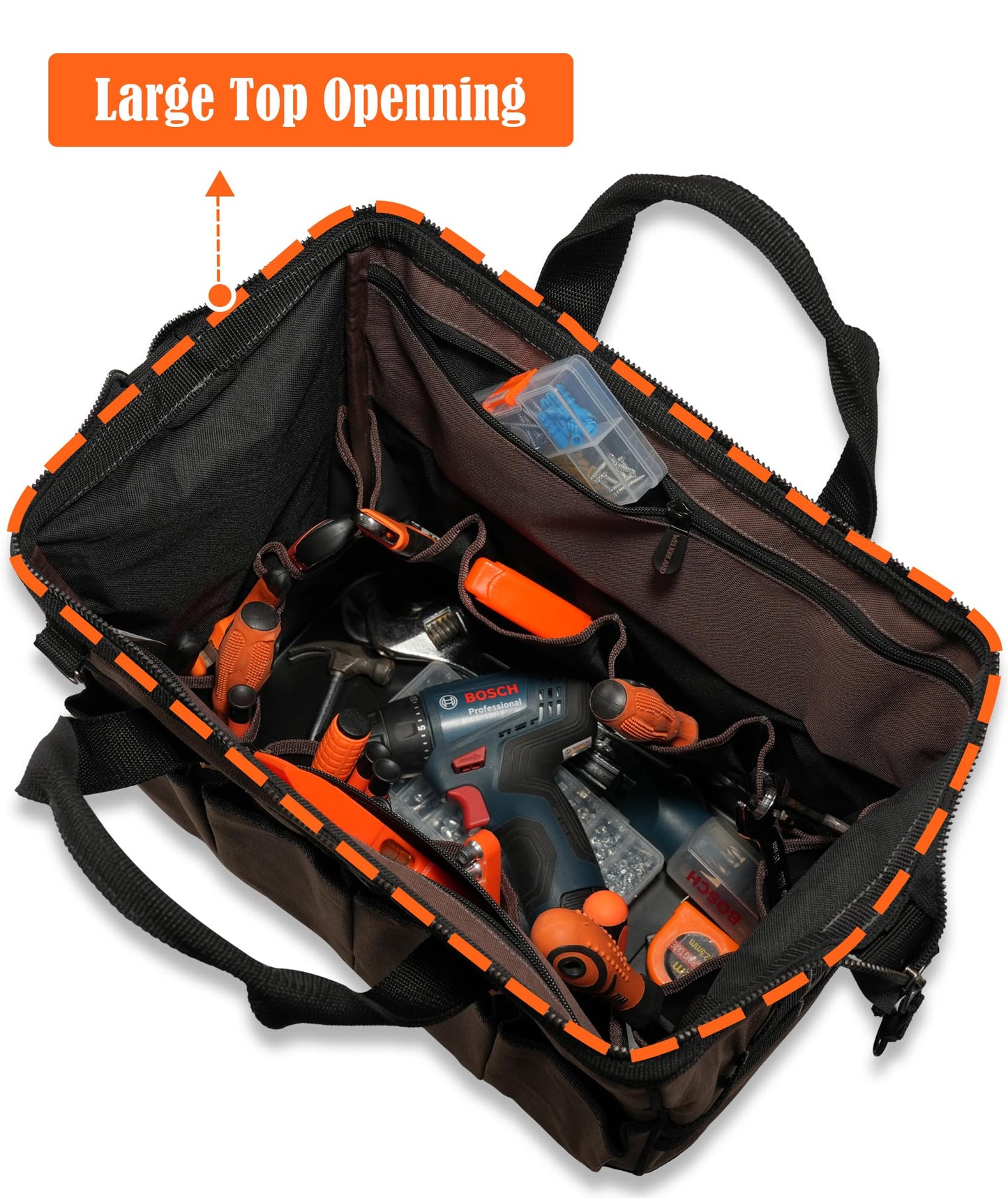WELKINLAND 45-Pockets Waxed Canvas Tool Bag, 16-Inch Heavy-Duty electrician tools bag, Hard-Bottom HVAC tools bags, Large-Open technician tool bags, Electrical tool bag, Maintenance tool bag