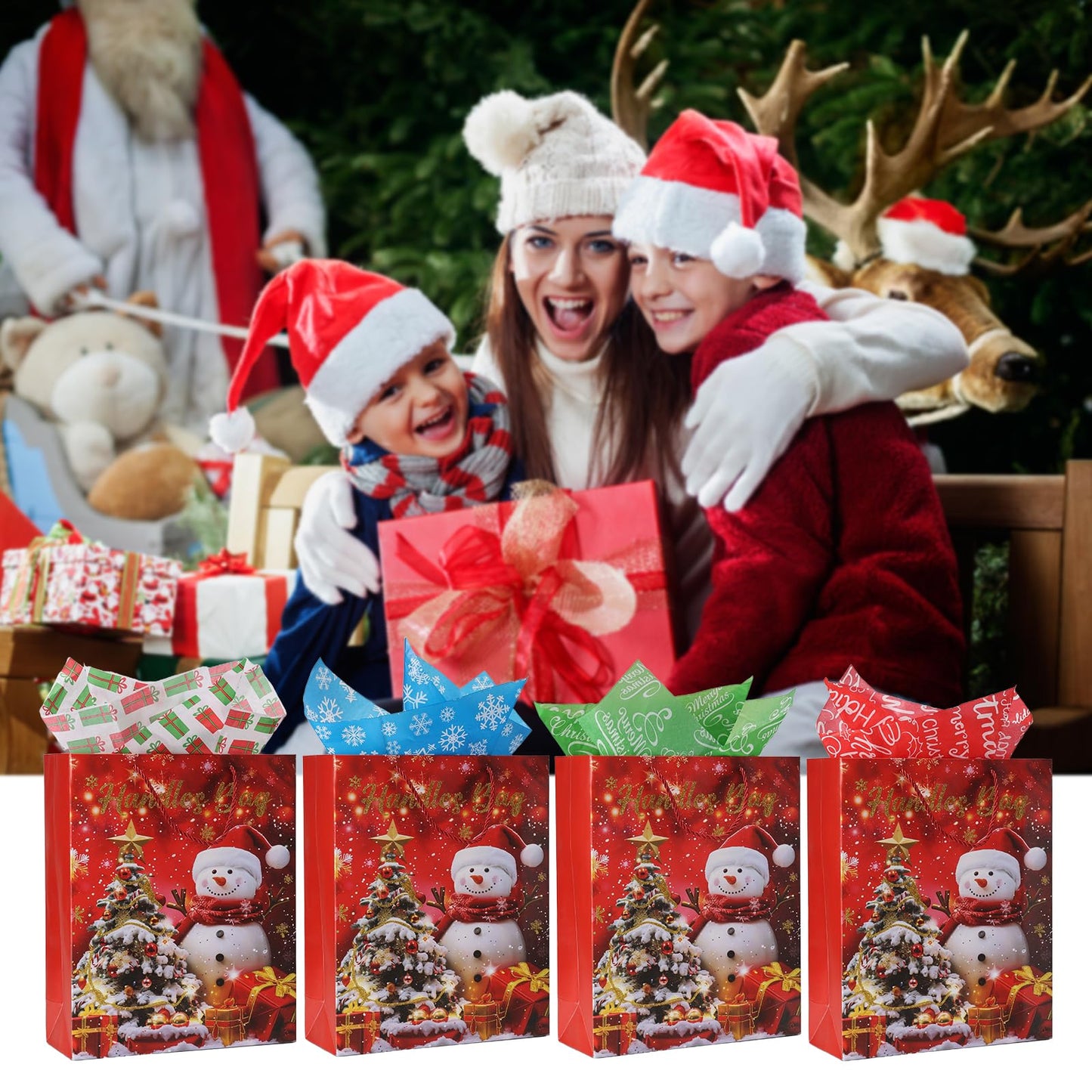 Rusikia 12 Christmas Gift Bags with 12 Tissues and 1 Satin Ribbon - Medium