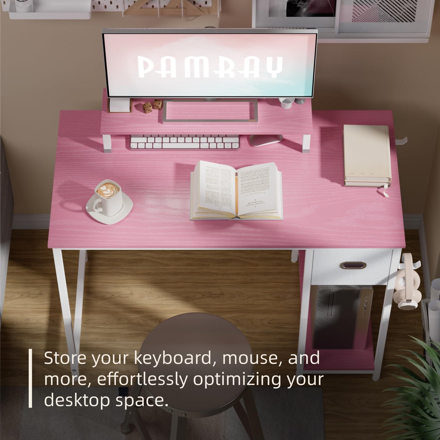 Pamray 39 Inch Computer Desk with Monitor Stand Small Home Office Desks with Non-Woven Storage Drawer for Bedroom Study Table Writing and Work Desk Pink