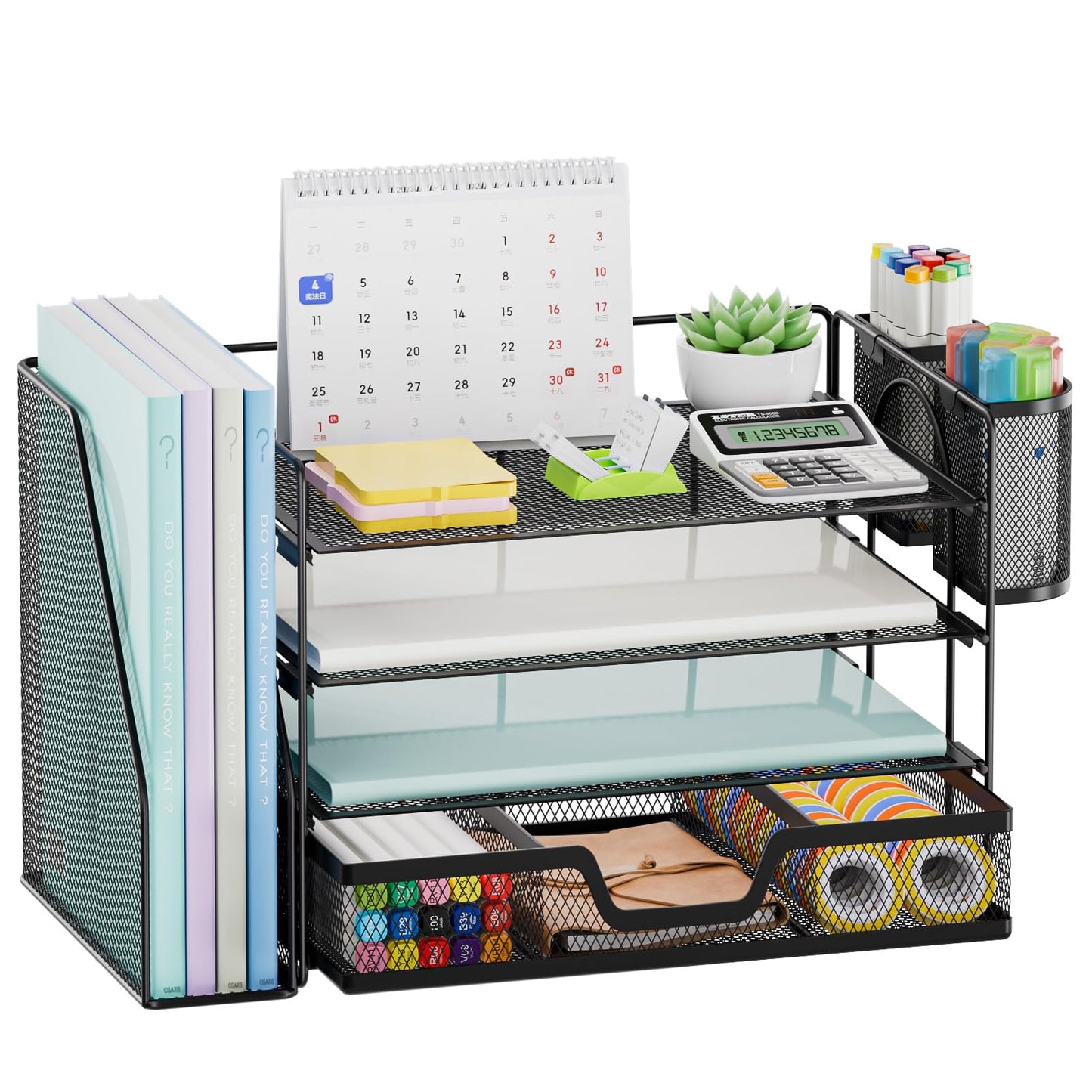Marbrasse Desk Organizer and Accessories，4-Tier Paper Letter Tray Organizer with File Holder, Desk Accessories & Workspace Organizers with Drawer and 2 Pen Holder (Black, 15.4" x 9.1" x 8.3")