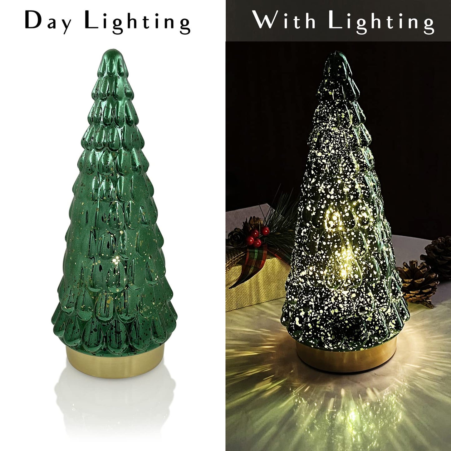 SHMILMH Mercury Glass Christmas Tree Green, Tabletop Christmas Tree with Light, Battery Operated Mini Xmas Tree for Fireplace Centerpiece Decorations 10", Set of 2