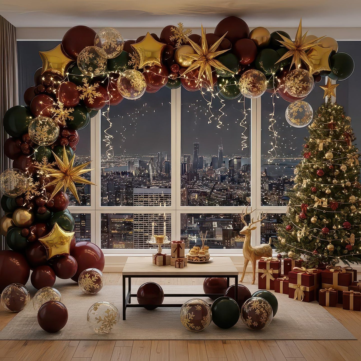 Winter Christmas Garland decorations with Maroon Hunter Green Gold confetti Balloon arch & Foil Star balloons & Artificial Snowflake Xmas Garland for wine red friendsmas new year party decorations