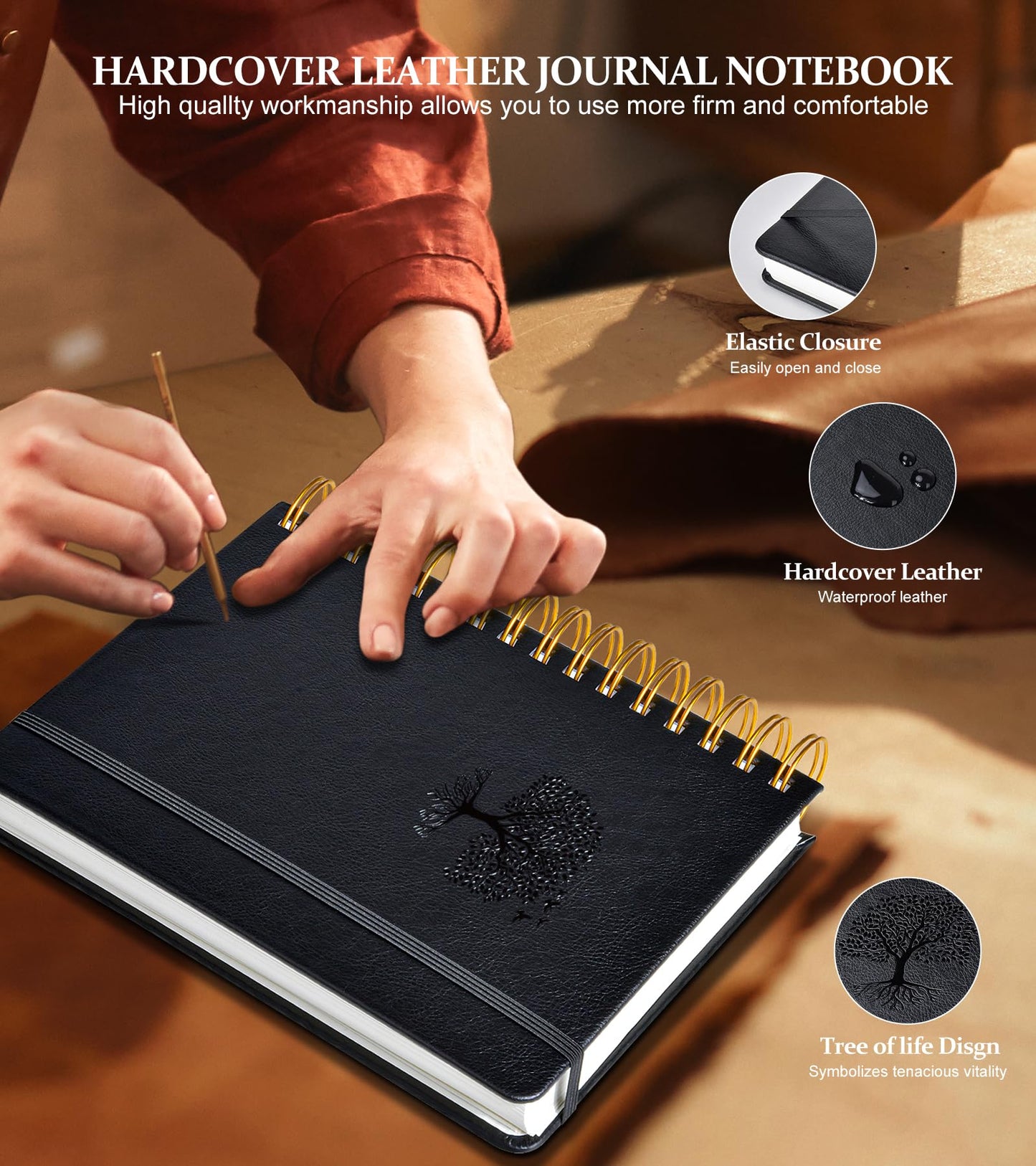 Lined Spiral Notebook Journal, 300 Pages Hardcover Leather Journals for Women Men, B5 Large College Ruled Notebooks, 100 GSM Thick Paper, Spiral Bound Journaling for Writing Work School 7.6"×10",Black