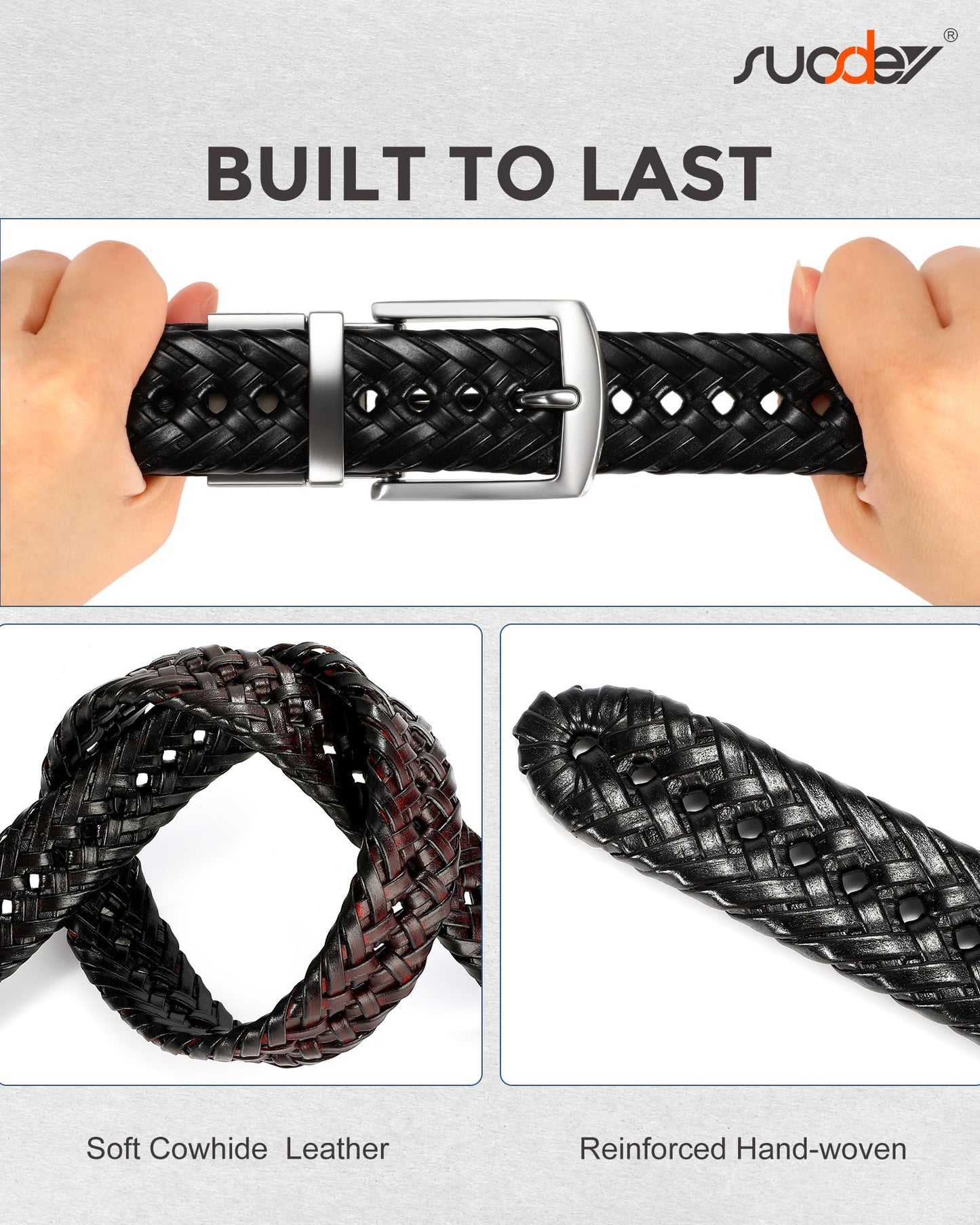SUOSDEY Braided Genuine Black Leather Belt for Men, 1.2" Width Men’s Casual Woven Leather Belt for Jeans Pants